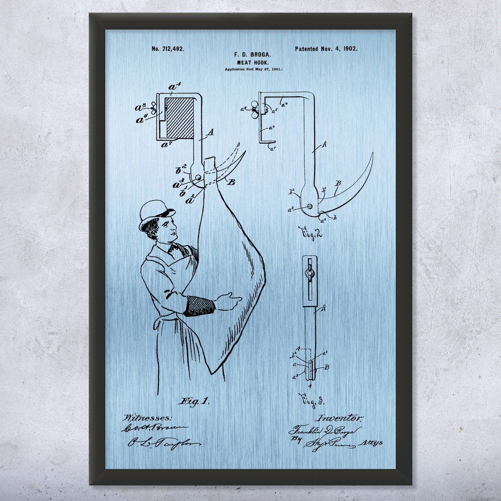 Meat Hook Patent Wall Art Poster, Canvas or Framed Butcher Gift Restaurant Decor - Picture 13 of 15