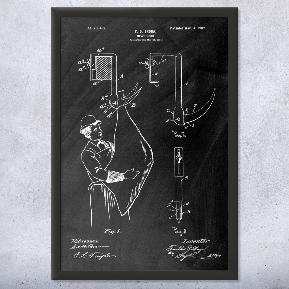 Meat Hook Patent Wall Art Poster, Canvas or Framed Butcher Gift Restaurant Decor - Picture 10 of 15