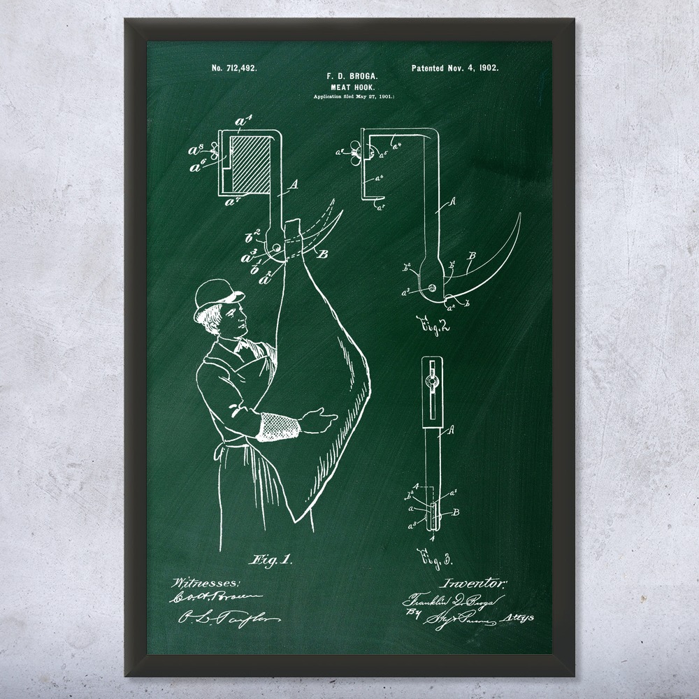Meat Hook Patent Wall Art Poster, Canvas or Framed Butcher Gift Restaurant Decor - Picture 9 of 15