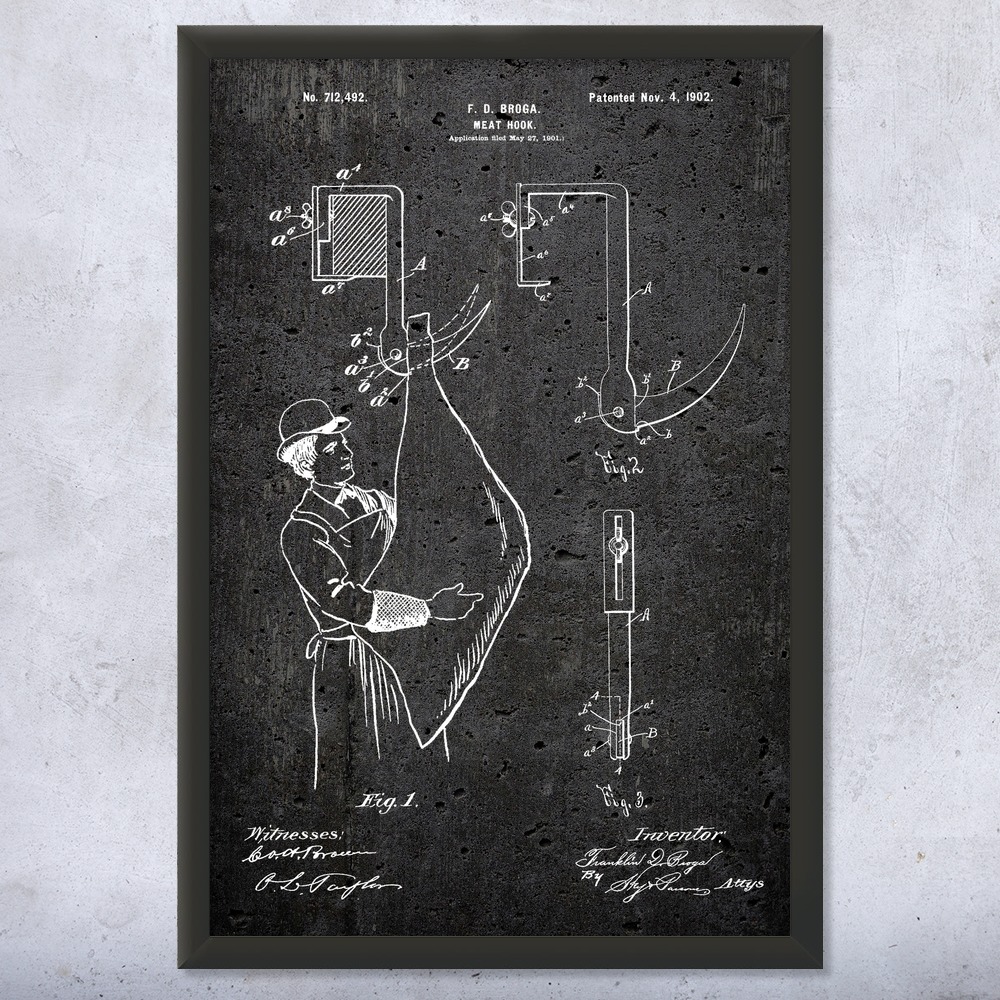 Meat Hook Patent Wall Art Poster, Canvas or Framed Butcher Gift Restaurant Decor - Picture 12 of 15