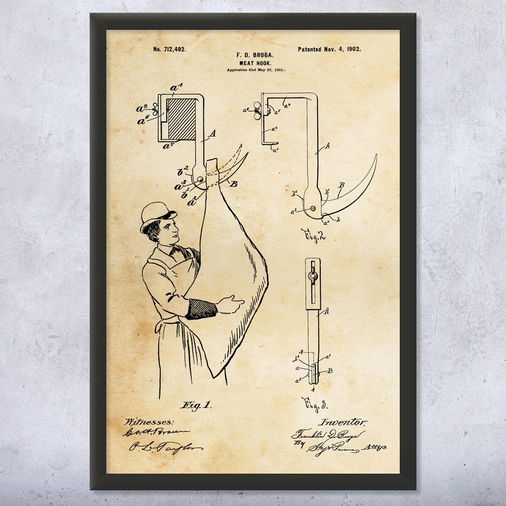 Meat Hook Patent Wall Art Poster, Canvas or Framed Butcher Gift Restaurant Decor - Picture 8 of 15
