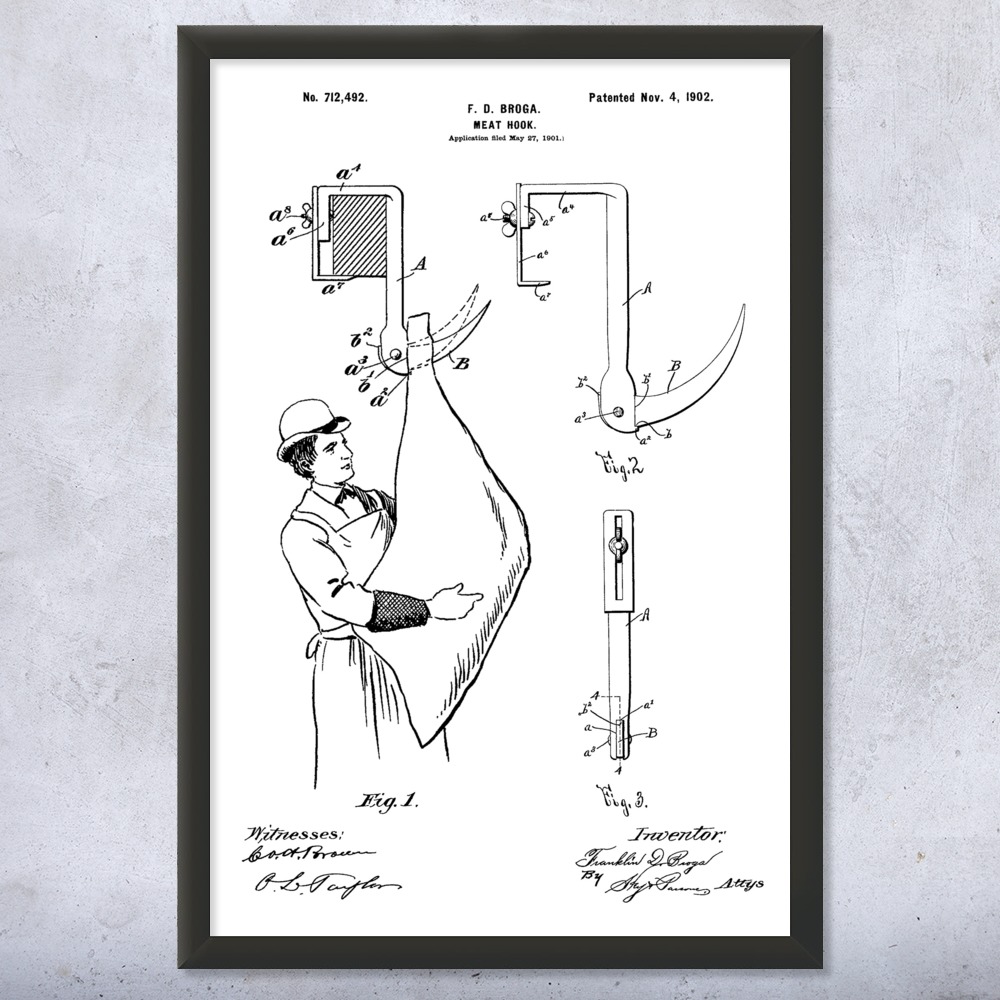 Meat Hook Patent Wall Art Poster, Canvas or Framed Butcher Gift Restaurant Decor - Picture 14 of 15
