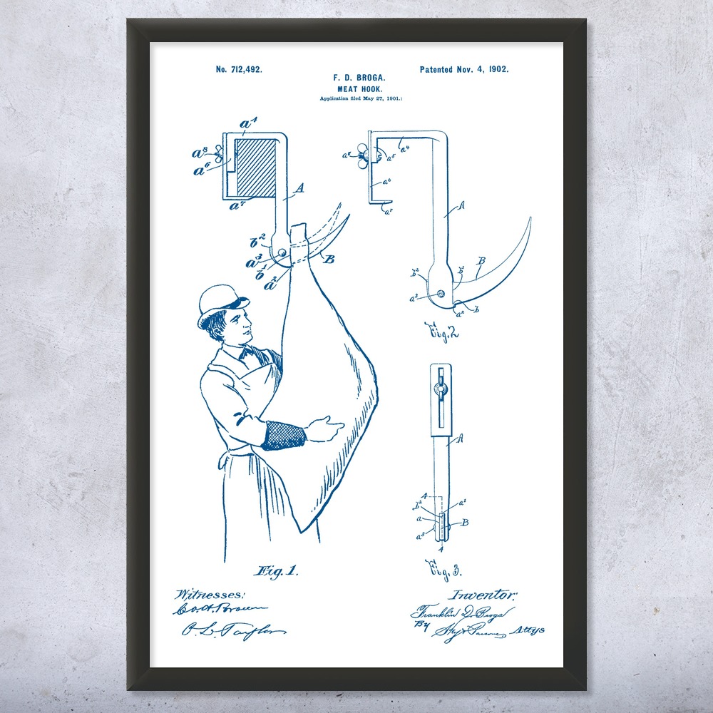 Meat Hook Patent Wall Art Poster, Canvas or Framed Butcher Gift Restaurant Decor - Picture 15 of 15
