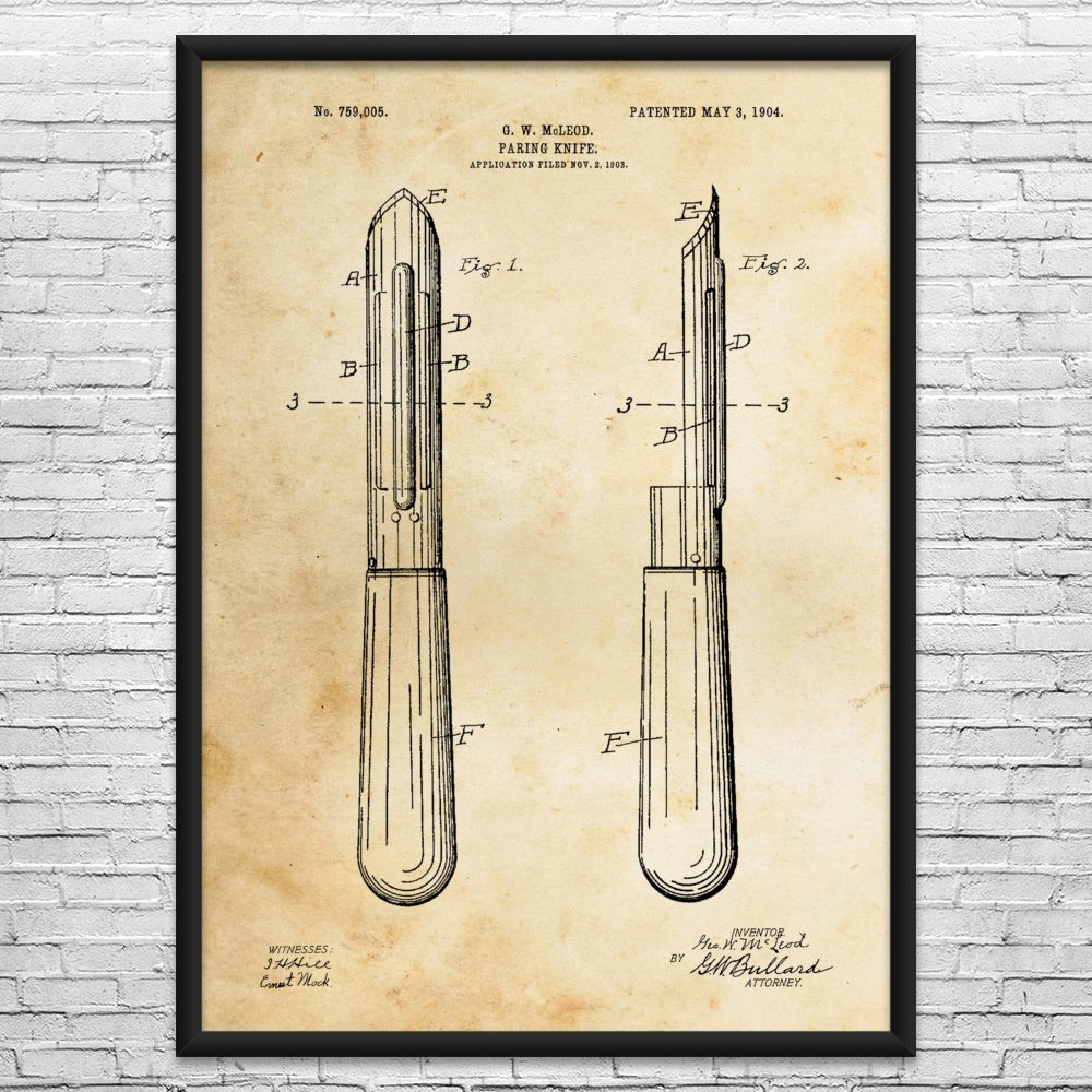 Paring Knife Patent Wall Art: Kitchen Wall Art, Chef Gift, Restaurant Decor