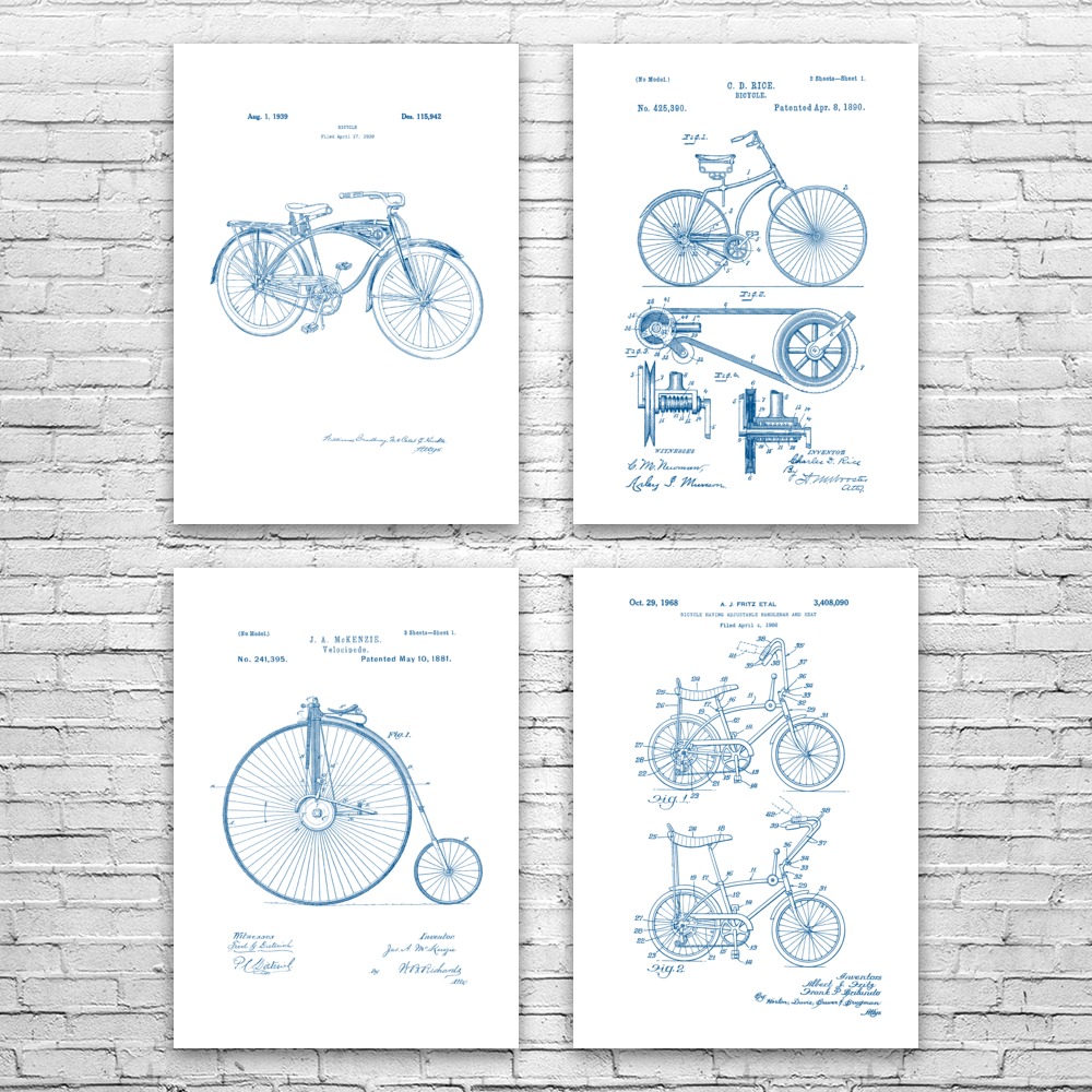 Bicycle Patent Posters Set of 4 Bike Decor Sports Gifts Garage Art Biking Gifts