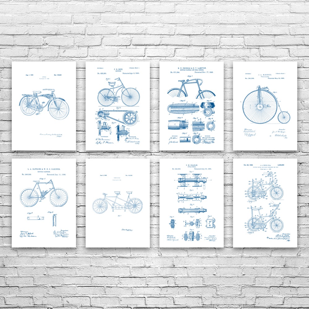 Bicycle Patent Prints Set of 8 Cycling Gifts Sports Posters Bicycle Art Wall Art