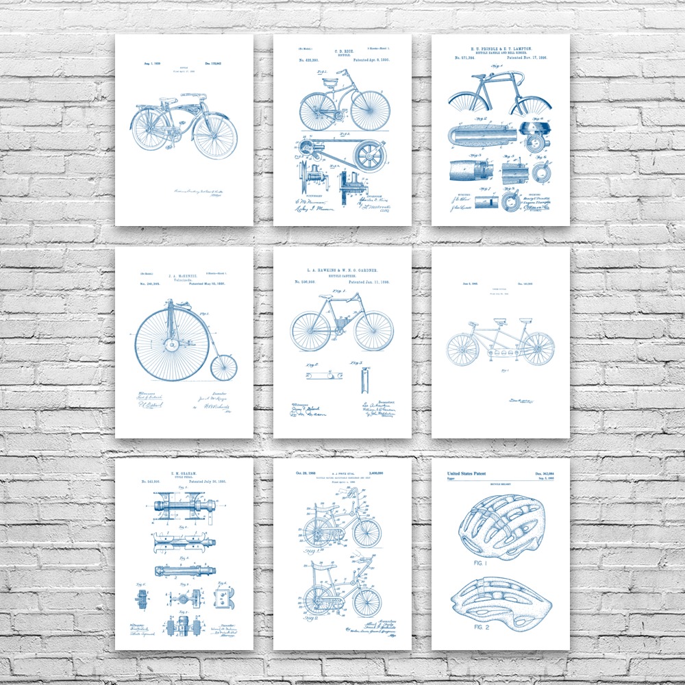 Bicycle Patent Posters Set of 9 Bike Decor Sports Gifts Garage Art Biking Gifts