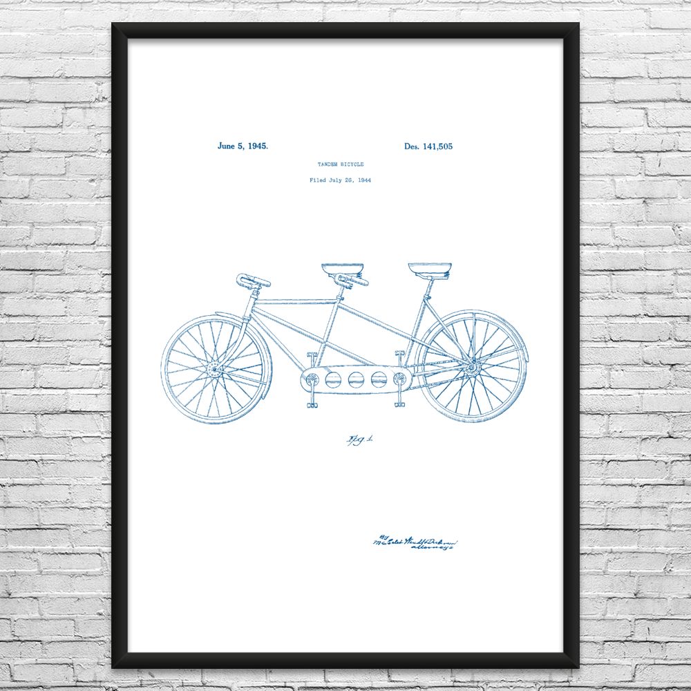 Tandem Bike Patent Framed Print Sports Decor Cycling Gifts Bicycle Art Dad Gifts