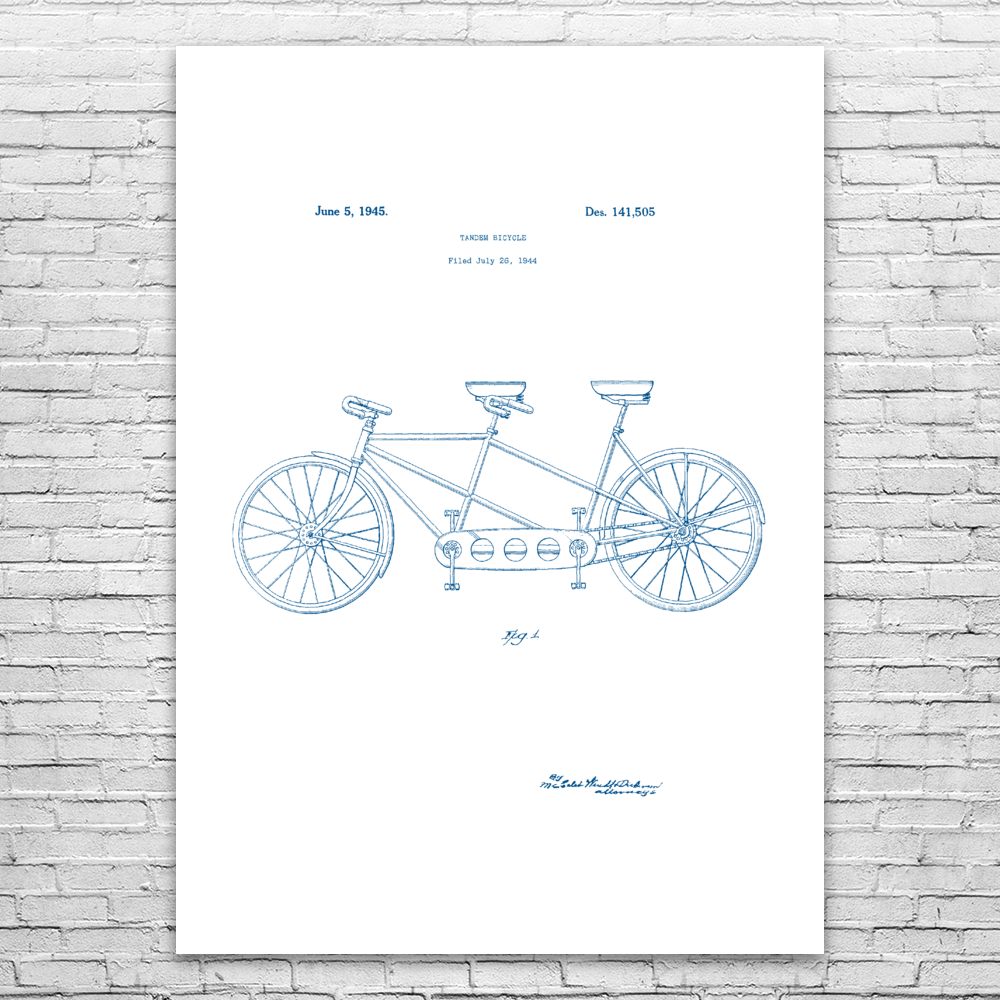 Tandem Bike Patent Print Poster Bike Decor Sports Gifts Garage Art Biking Gifts