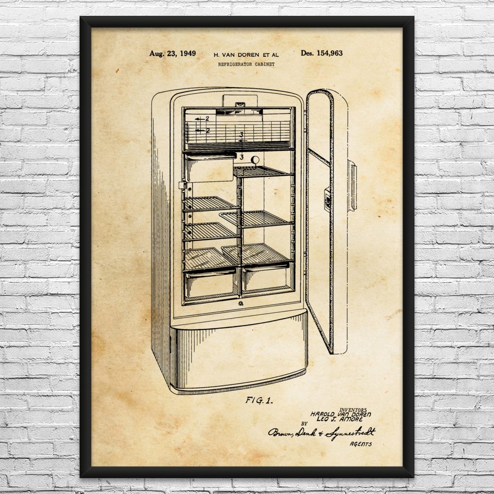 Refrigerator Patent Wall Art: Culinary Gifts, Kitchen Decor, Chef Gift, Cafe Art