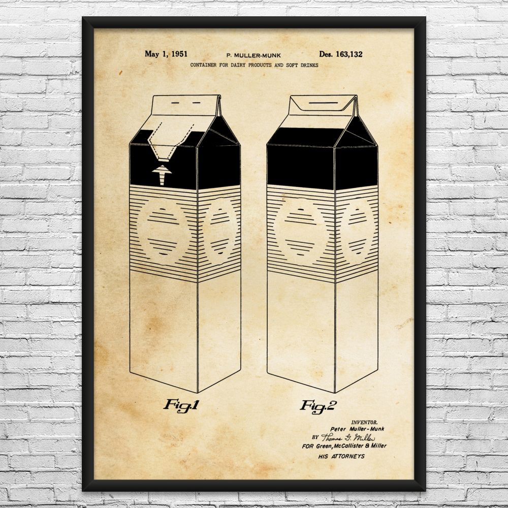 Milk Carton Patent Wall Art: Chef Gift, Milk Art, Culinary Gifts, Dairy Decor