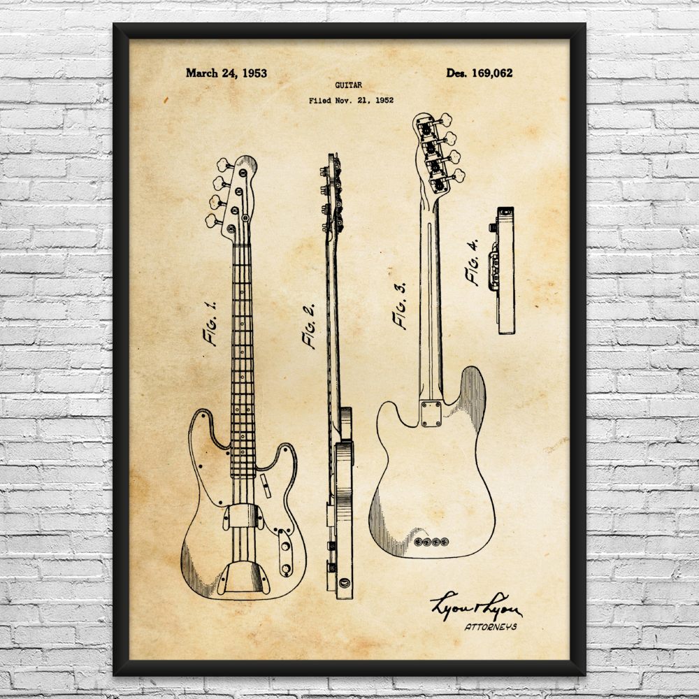 1953 Bass Guitar Patent Wall Art: Bass Player Gifts, Music Room Decor, Dad Gifts