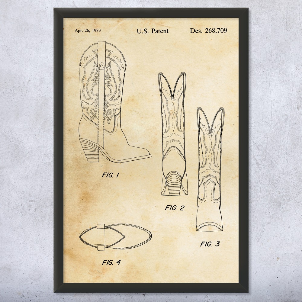 Cowboy Boot Patent Wall Art Poster, Canvas or Framed Cowboy Gifts Western Decor - Picture 8 of 15