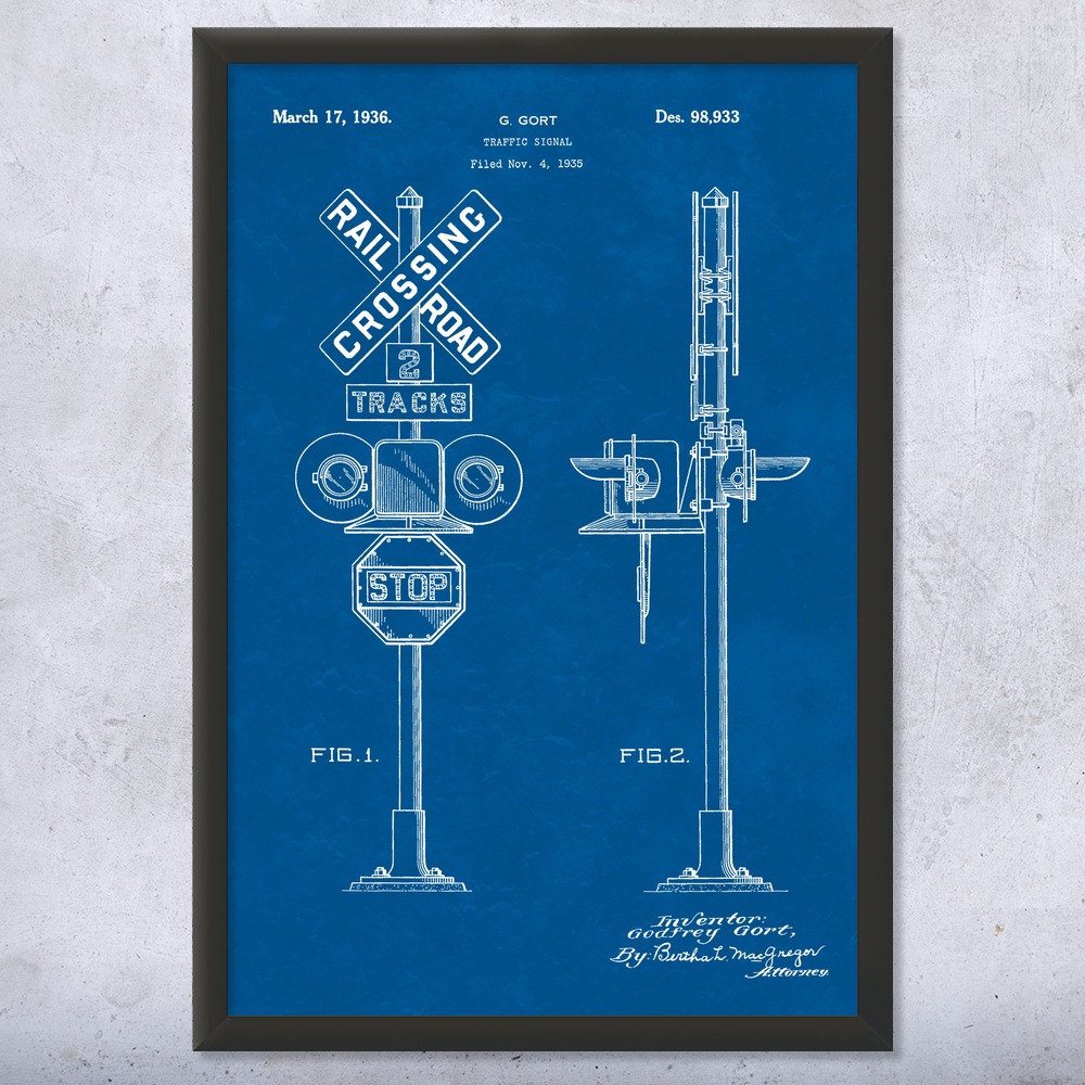 Railroad Crossing Signal Patent Wall Art Poster, Canvas or Framed Gifts For Him - Picture 11 of 15