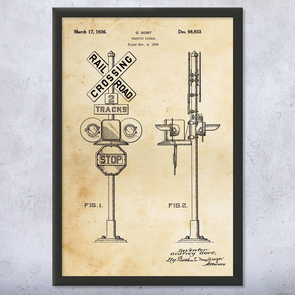 Railroad Crossing Signal Patent Wall Art Poster, Canvas or Framed Gifts For Him - Picture 8 of 15
