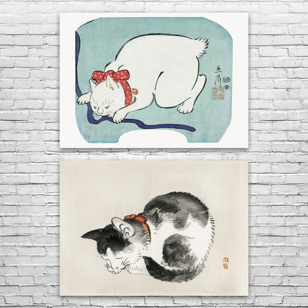 Cat Ukiyo-e Wall Art Set of 2 Poster, Canvas or Framed Cat Art Ukiyo-e Prints